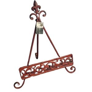 NWT Red Decorative Metal Easel. Cookbook Stand. Fluer-de-Lis , Scroll pattern.